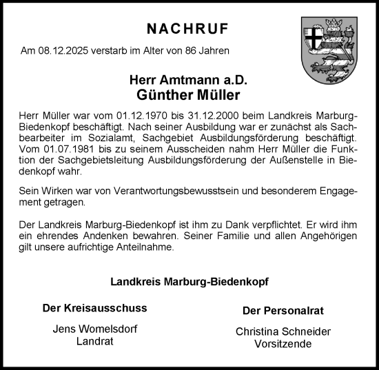 Traueranzeige von Günther Müller von Hinterländer Anzeiger