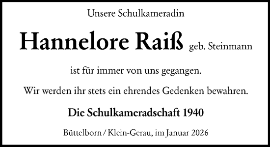 Traueranzeige von Hannelore Raiß von Groß-Gerauer Echo