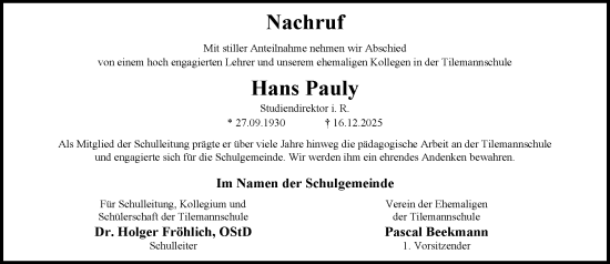 Traueranzeige von Hans Pauly von Nassauische Neue Presse