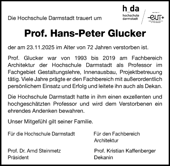 Traueranzeige von Hans-Peter Glucker von Darmstädter Echo