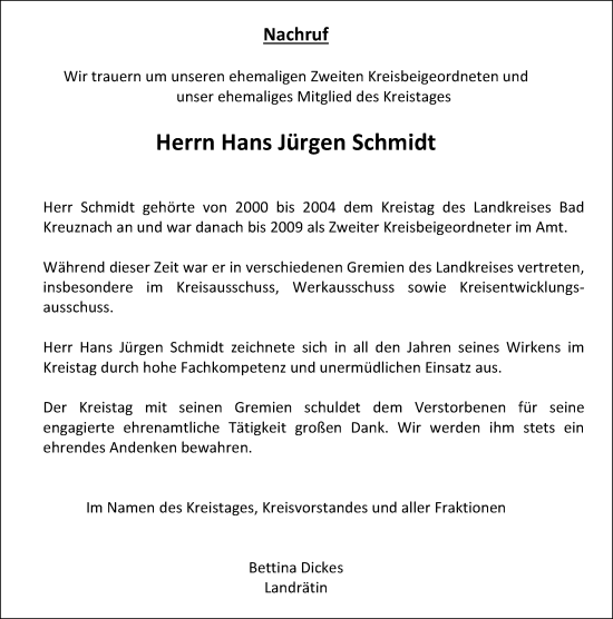 Traueranzeige von Hans Jürgen Schmidt von Allgemeine Zeitung Rheinhessen-Nahe