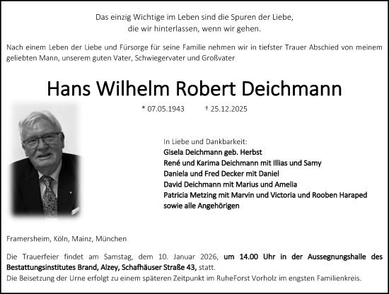 Traueranzeige von Hans Wilhelm Robert Deichmann von Allgemeine Zeitung Alzey