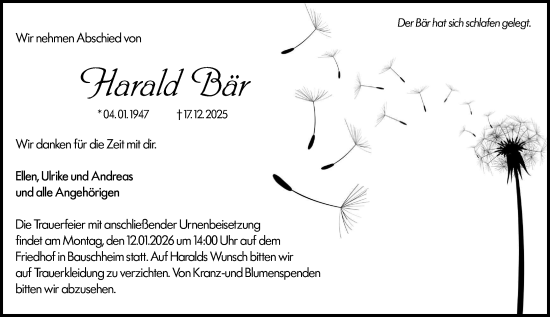 Traueranzeige von Harald Bär von Rüsselsheimer Echo