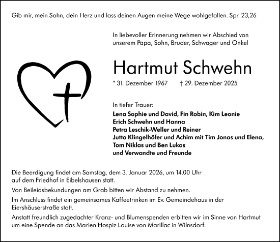 Traueranzeige von Hartmut Schwehn von Dill Block