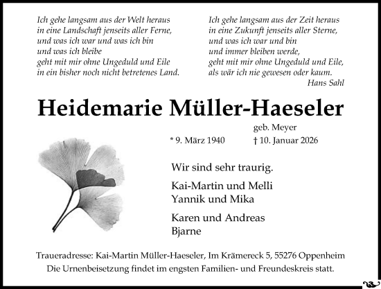 Traueranzeige von Heidemarie Müller-Haeseler von Allgemeine Zeitung Mainz