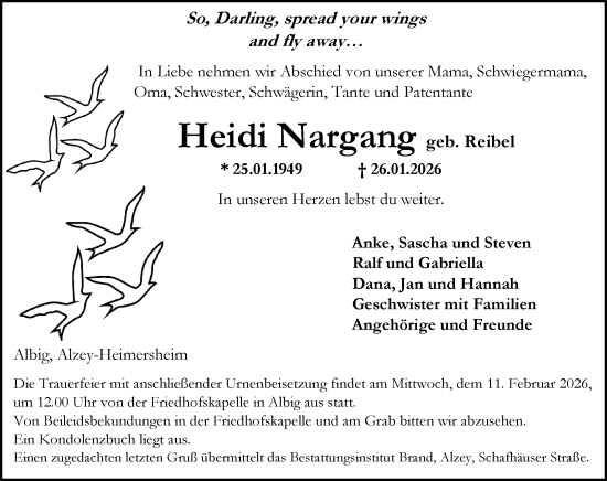 Traueranzeige von Heidi Nargang von Allgemeine Zeitung Alzey