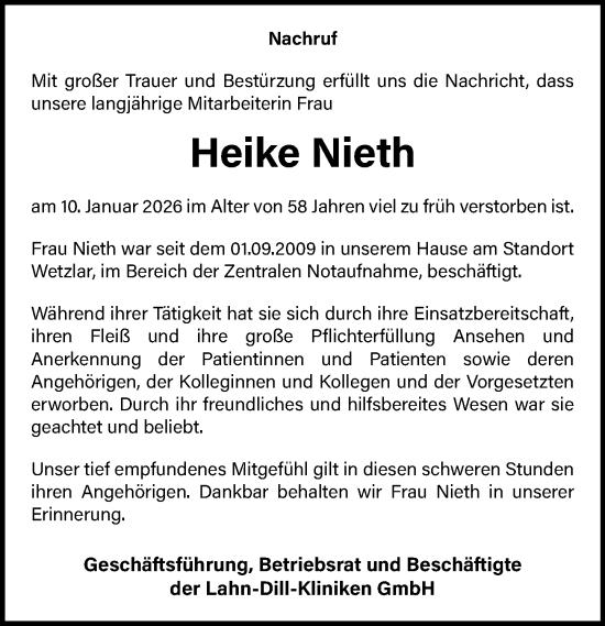 Traueranzeige von Heike Nieth von Dill Block