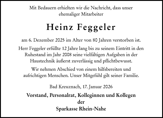 Traueranzeige von Heinz Feggeler von Allgemeine Zeitung Rheinhessen-Nahe