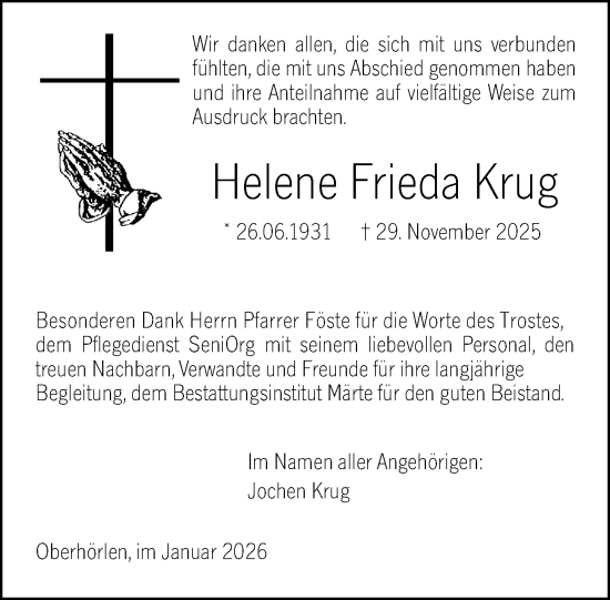 Traueranzeige von Helene Frieda Krug von Hinterländer Anzeiger