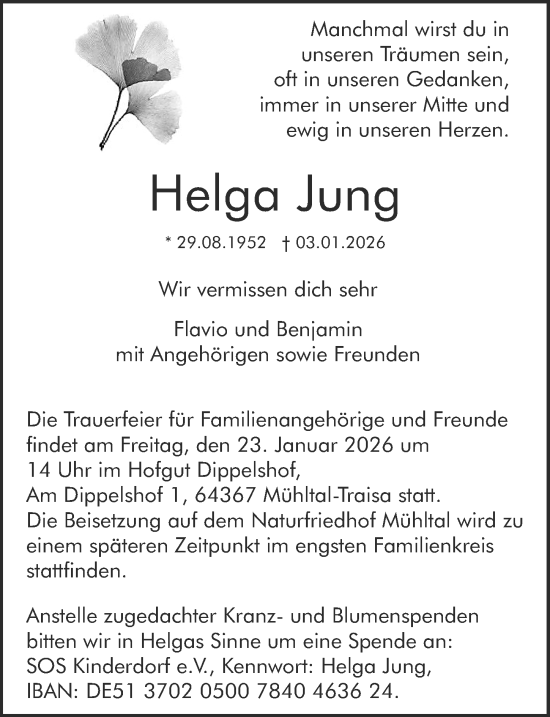 Traueranzeige von Helga Jung von Darmstädter Echo