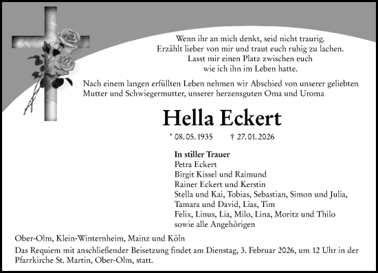 Traueranzeige von Hella Eckert von Allgemeine Zeitung Mainz