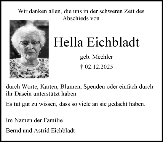 Traueranzeige von Hella Eichbladt von Allgemeine Zeitung Mainz