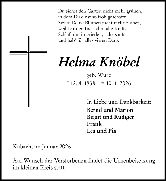 Traueranzeige von Helma Knöbel von Weilburger Tageblatt