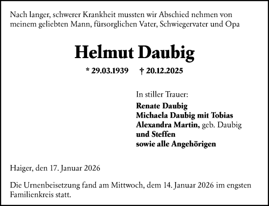Traueranzeige von Helmut Daubig von Dill Block