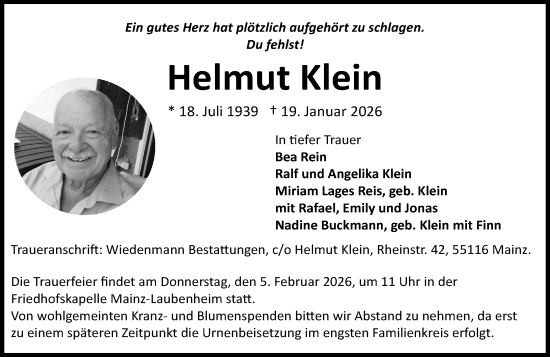 Traueranzeige von Helmut Klein von Allgemeine Zeitung Mainz
