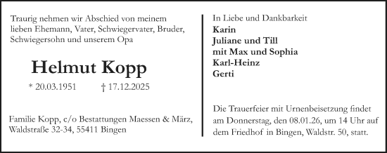 Traueranzeige von Helmut Kopp von Allgemeine Zeitung Rheinhessen-Nahe