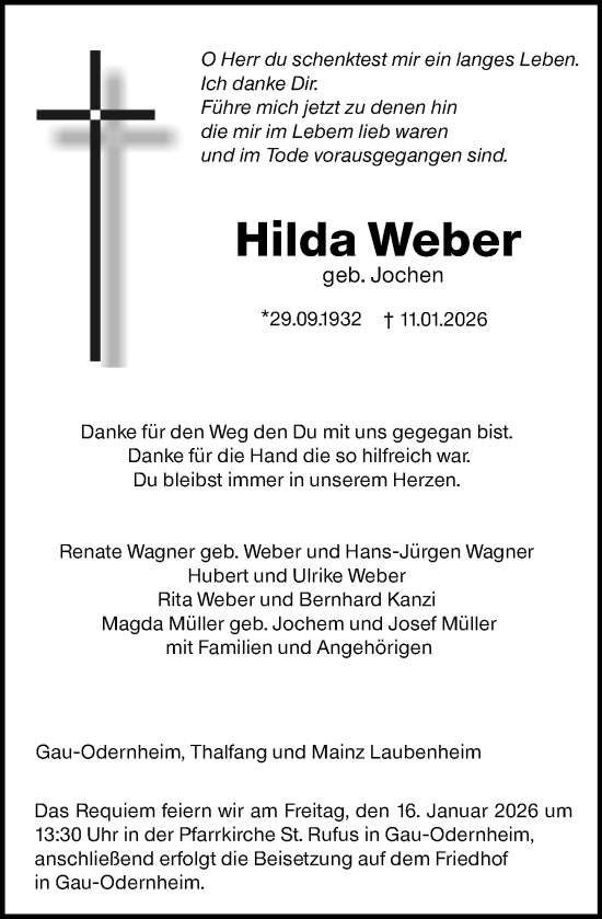 Traueranzeige von Hilda Weber von Allgemeine Zeitung Alzey