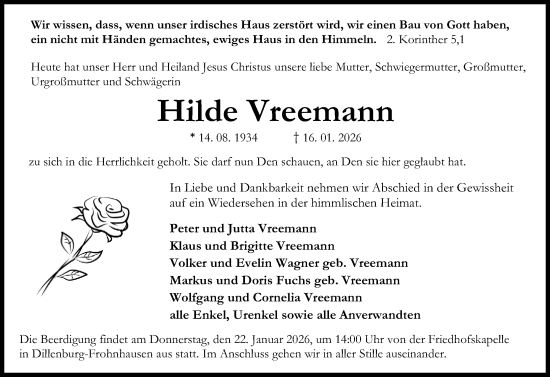 Traueranzeige von Hilde Vreemann von Hinterländer Anzeiger