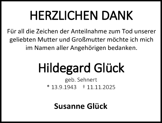 Traueranzeige von Hildegard Glück von Darmstädter Echo