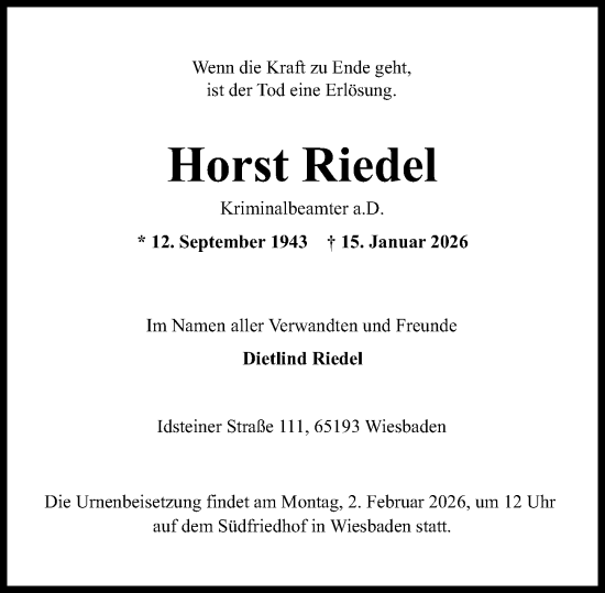 Traueranzeige von Horst Riedel von Wiesbadener Kurier