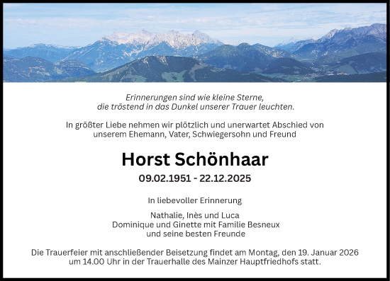 Traueranzeige von Horst Schönhaar von Allgemeine Zeitung Mainz