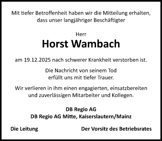 Traueranzeige von Horst Wambach von Allgemeine Zeitung Mainz