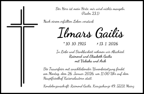 Traueranzeige von Ilmars Gailis von Allgemeine Zeitung Mainz