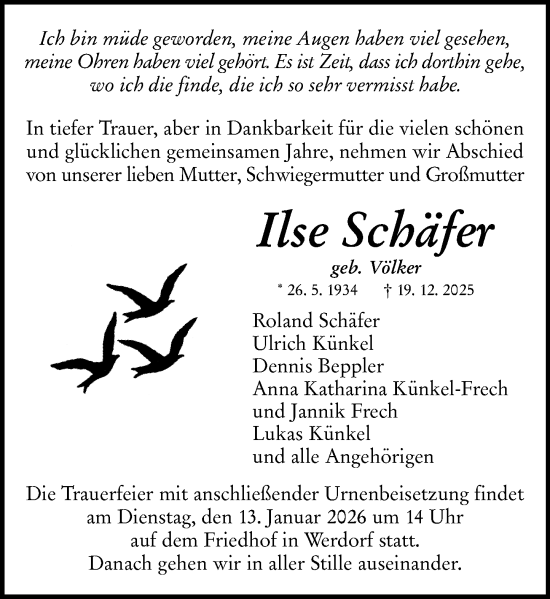 Traueranzeige von Ilse Schäfer von Wetzlarer Neue Zeitung