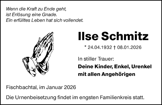 Traueranzeige von Ilse Schmitz von Darmstädter Echo