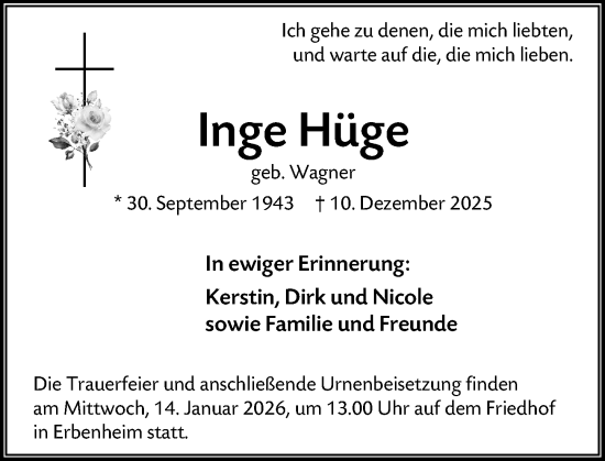 Traueranzeige von Inge Hüge von Wiesbadener Kurier