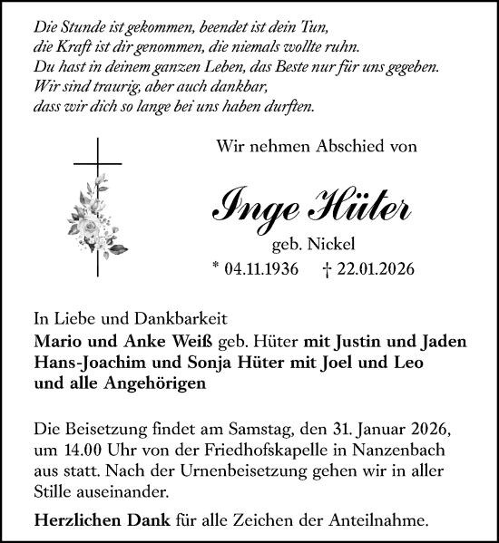 Traueranzeige von Inge Hüter von Dill Block