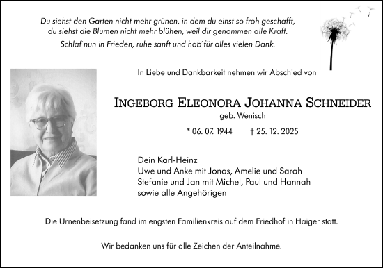 Traueranzeige von Ingeborg Eleonora Johanna Schneider von Dill Block