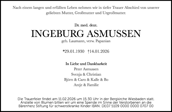 Traueranzeige von Ingeburg Asmussen von Wiesbadener Kurier