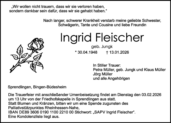 Traueranzeige von Ingrid Fleischer von Allgemeine Zeitung Rheinhessen-Nahe
