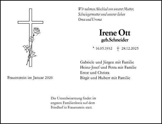 Traueranzeige von Irene Ott von Wiesbadener Kurier