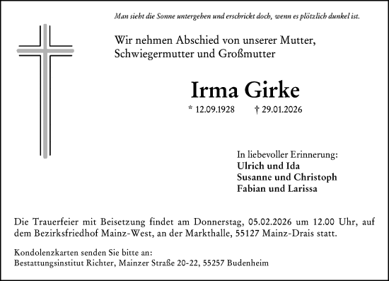 Traueranzeige von Irma Girke von Allgemeine Zeitung Mainz