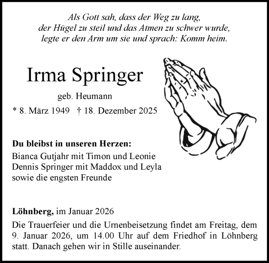Traueranzeige von Irma Springer von Weilburger Tageblatt