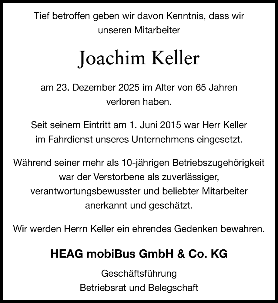  Traueranzeige für Joachim Keller vom 09.01.2026 aus Darmstädter Echo