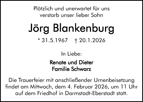 Traueranzeige von Jörg Blankenburg von Darmstädter Echo