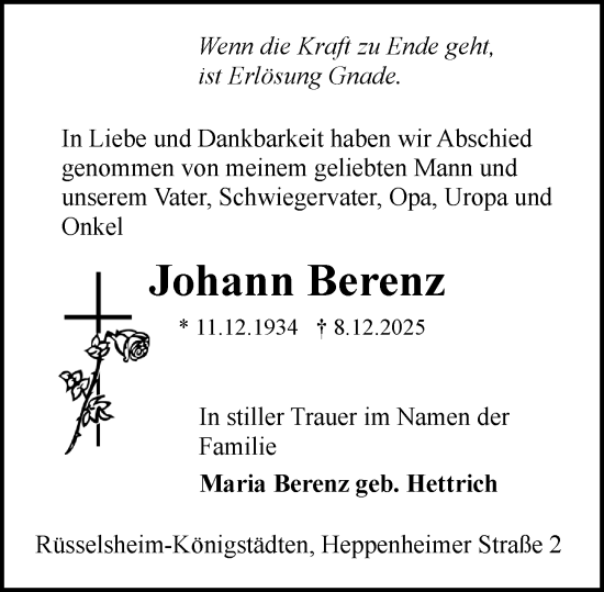 Traueranzeige von Johann Berenz von Rüsselsheimer Echo