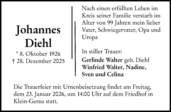 Traueranzeige von Johannes Diehl von Groß-Gerauer Echo