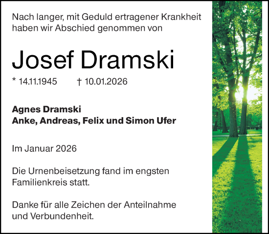 Traueranzeige von Josef Dramski von Dill Block
