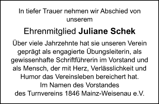 Traueranzeige von Juliane Schek von Allgemeine Zeitung Mainz