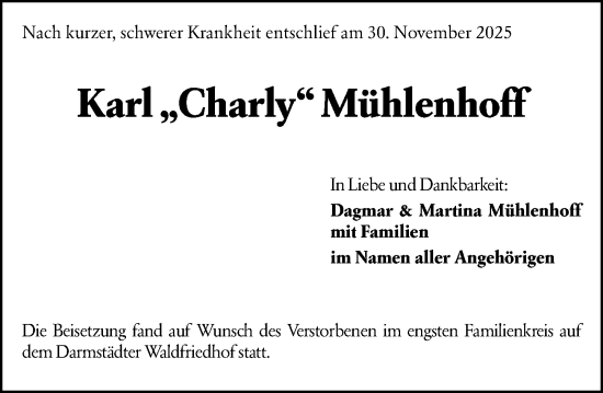 Traueranzeige von Karl Mühlenhoff von Darmstädter Echo