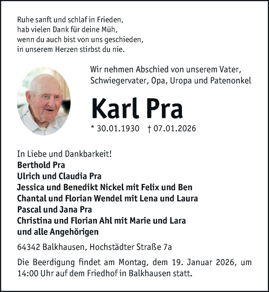 Traueranzeige von Karl Pra von Darmstädter Echo