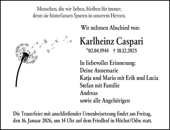 Traueranzeige von Karlheinz Caspari von Odenwälder Echo