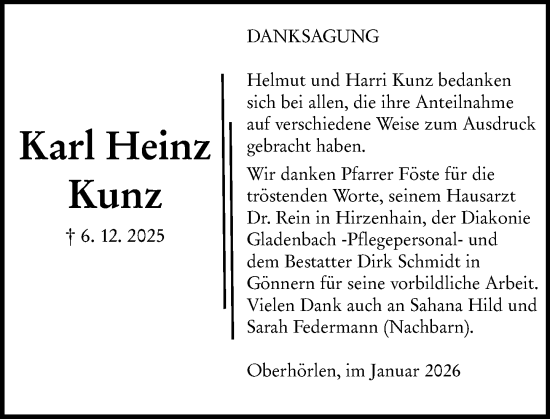 Traueranzeige von Karl Heinz Kunz von Hinterländer Anzeiger