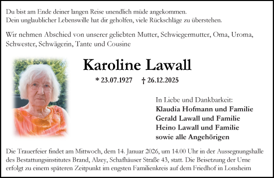 Traueranzeige von Karoline Lawall von Allgemeine Zeitung Alzey