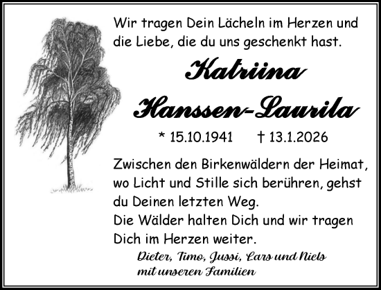 Traueranzeige von Katriina Hanssen-Laurila von Allgemeine Zeitung Mainz