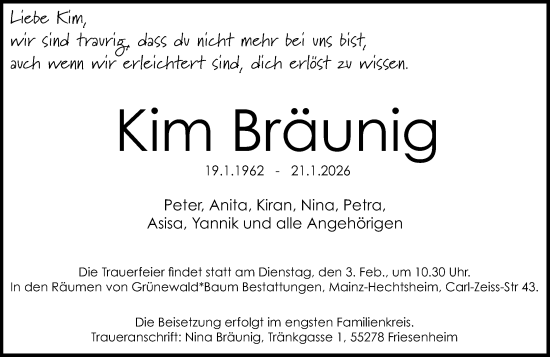 Traueranzeige von Kim Bräunig von Allgemeine Zeitung Mainz